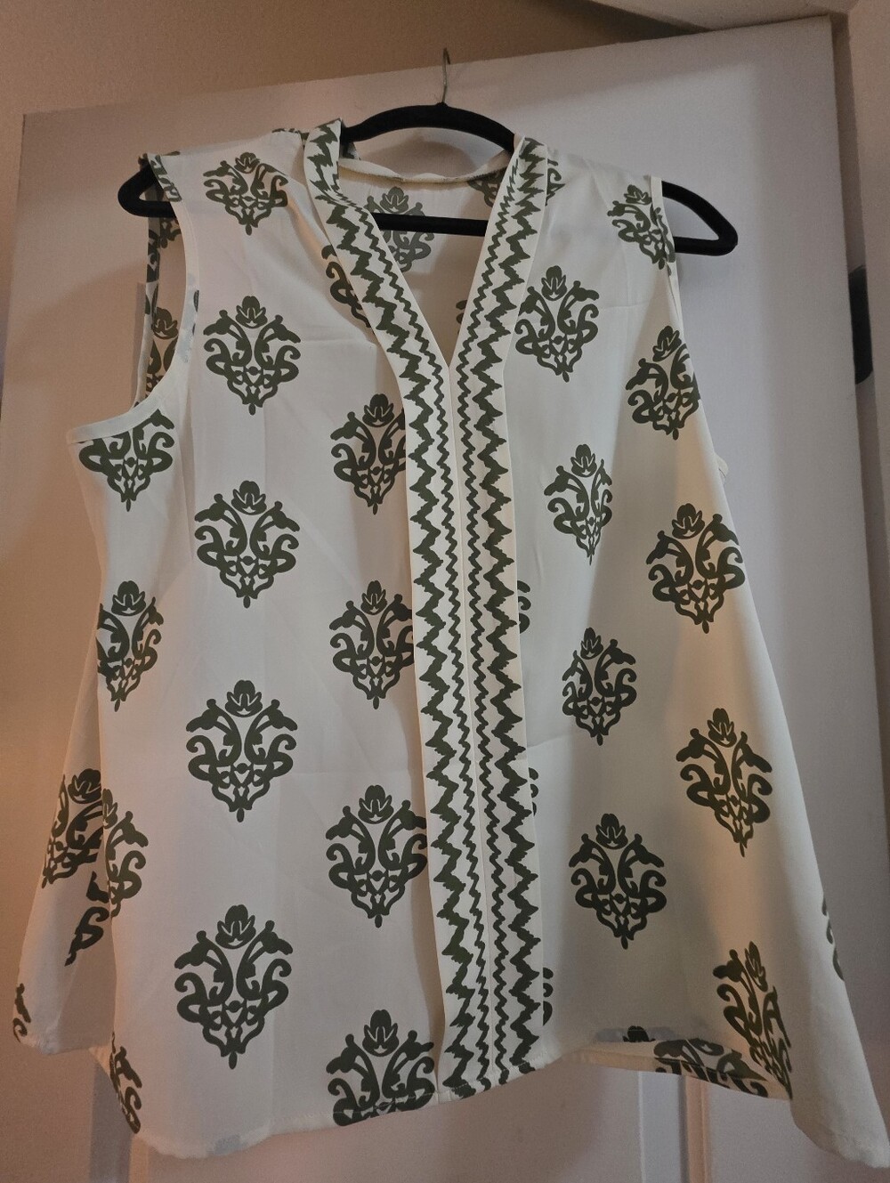 Sleeveless White Top with Olive Green Damask Print